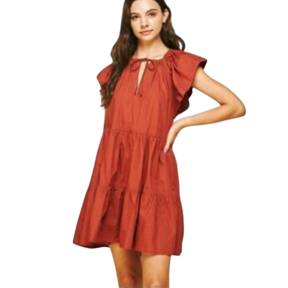 Pinch Cotton Ruffle Tiered Mini Dress Flutter Sleeve Terracotta/Rust Orange L